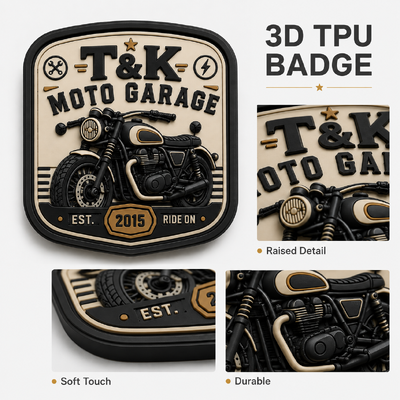 Nhãn áo chuyển nhiệt theo phong cách xe máy PVC tùy chỉnh với logo đúc 3D cho áo khoác Streetwear Workwear Mũ túi và xác định thương hiệu nhà để xe