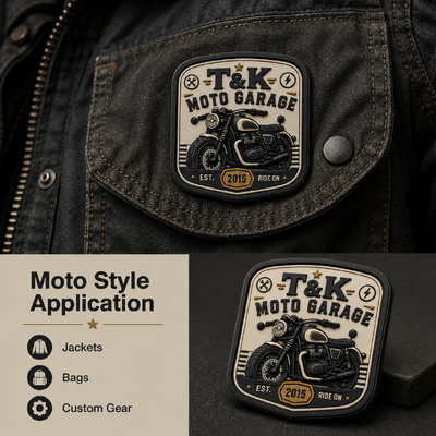 Nhãn áo chuyển nhiệt theo phong cách xe máy PVC tùy chỉnh với logo đúc 3D cho áo khoác Streetwear Workwear Mũ túi và xác định thương hiệu nhà để xe