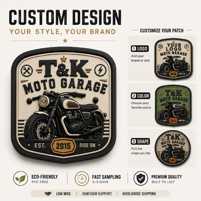 Nhãn áo chuyển nhiệt theo phong cách xe máy PVC tùy chỉnh với logo đúc 3D cho áo khoác Streetwear Workwear Mũ túi và xác định thương hiệu nhà để xe