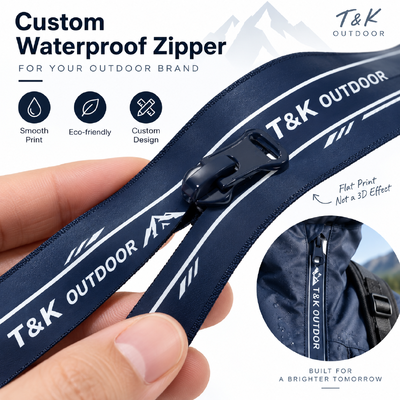 Custom Waterproof Metal Zipper với khóa tự động và in logo cho áo khoác ngoài trời và quần áo thể thao
